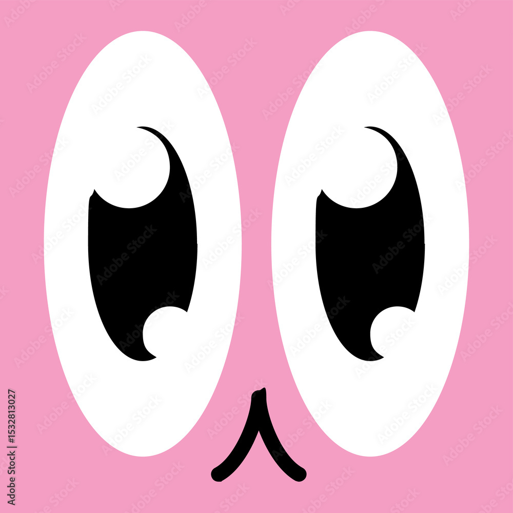 Fototapeta premium Featuring minimalist face with white ovals, pupils, inverted V on pink, transparent background