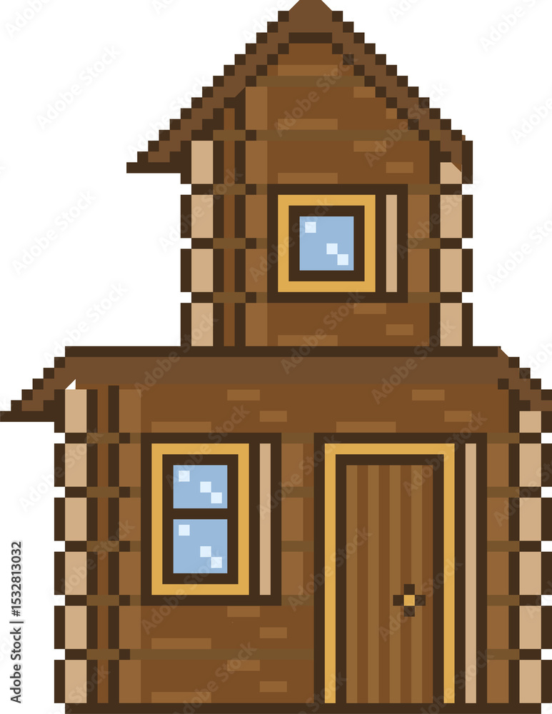Fototapeta premium Pixel art cabin is showing log walls, gabled roof, door, shuttered windows, transparent background