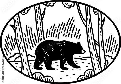 Black bear walking through forest landscape wildlife animal in woodland nature, oval frame illustration