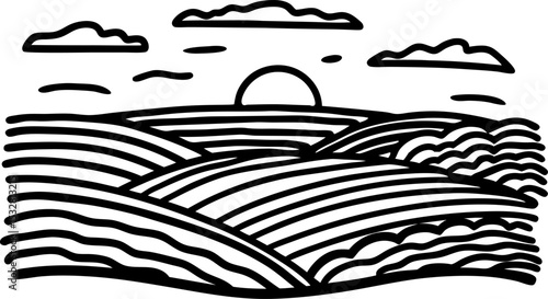 Sunrise over rolling hills and farmland minimalist black line landscape illustration with clouds and fields