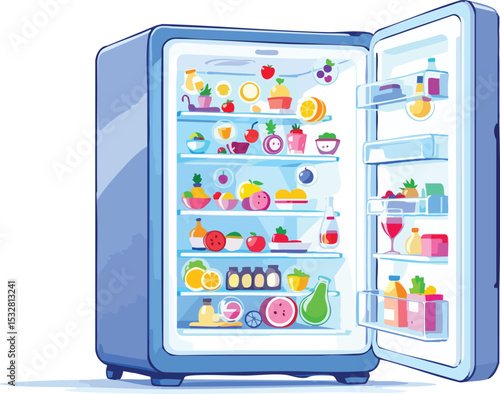 Colorful cartoon illustration of a full open refrigerator filled with fresh fruits and drinks..