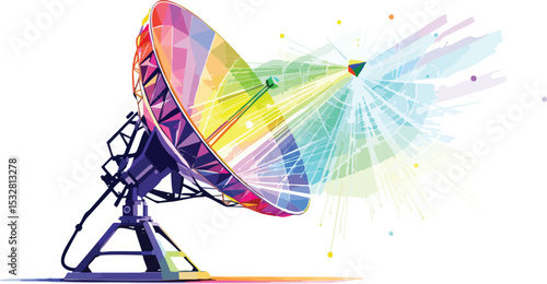 Colorful geometric illustration of a satellite dish receiving and transmitting signals.