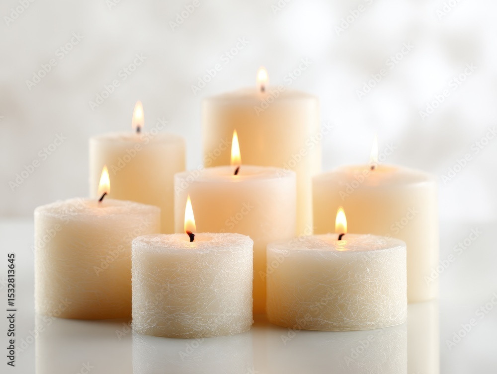 Seven ivory pillar candles of varying heights burn brightly against a soft, out-of-focus background, reflecting subtly on a reflective surface Seven ivory pillar candles of varying heights burn brightly against a soft, out-of-focus background, reflecting subtly on a reflective surface