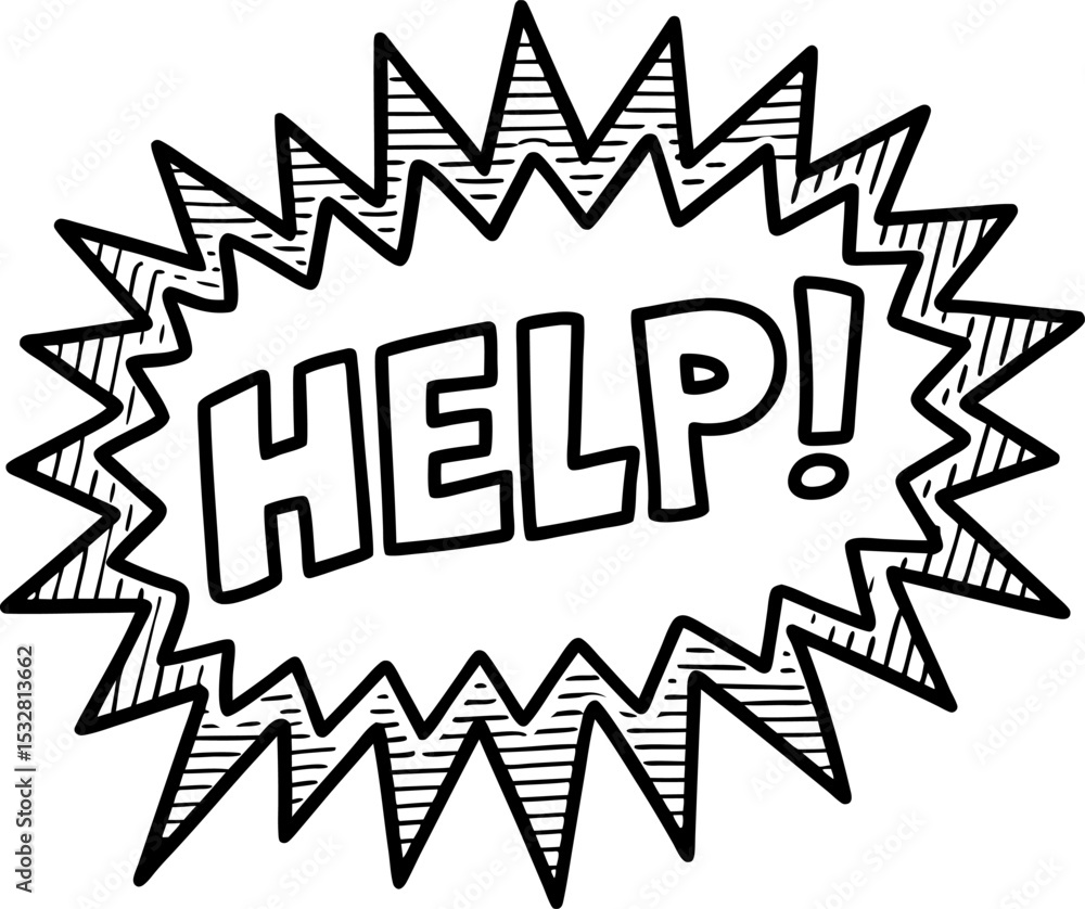 Fototapeta premium Comic help text in explosion shape black and white exclamation, emergency warning sign, outline icon