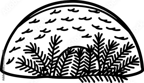 Botanical terrarium illustration hand drawn dome with fern leaves, tropical foliage, indoor garden, black and white