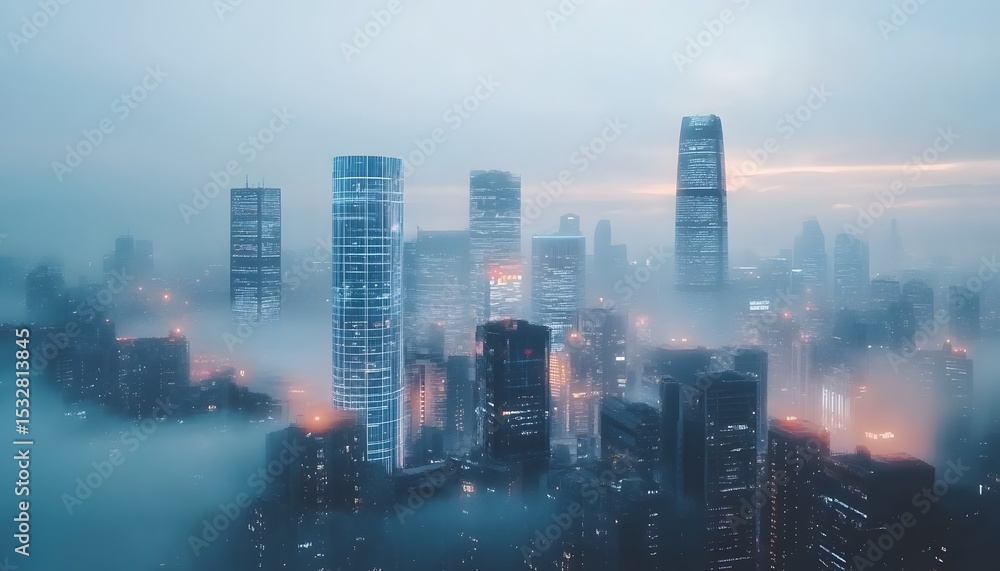 Fototapeta premium A city skyline shrouded in a light mist at dawn.