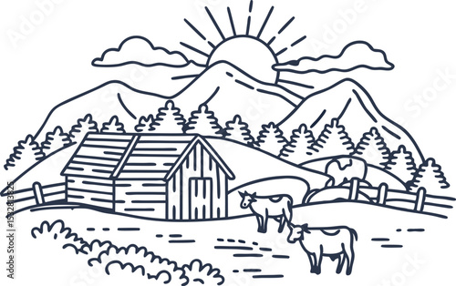 Wooden barn in rural landscape with cows grazing and mountains at sunrise countryside farming scenery illustration