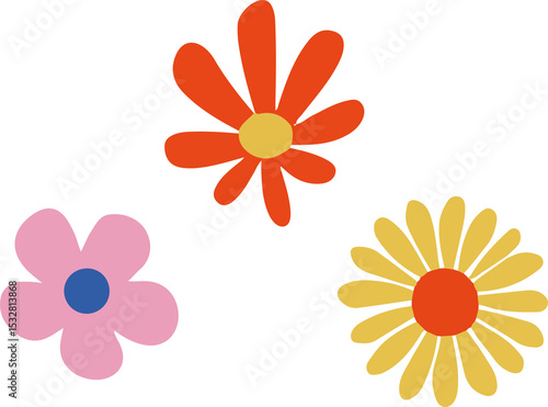 Fototapeta Naklejka Na Ścianę i Meble -  Pink five-petal orange-red eight-petal yellow daisy flowers are floating on transparent flat design