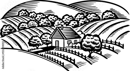 Countryside farmhouse in rolling hills, scenic rural landscape with trees, fields, and wooden fences illustration