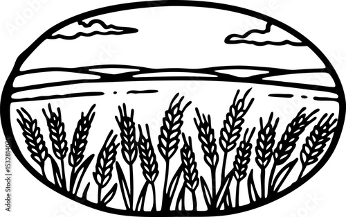 Wheat field landscape with clouds and horizon ripe grain crops, agricultural countryside, rural scene outline illustration