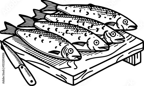 Fresh sardines arranged on wooden cutting board with knife, detailed hand drawn illustration, culinary preparation