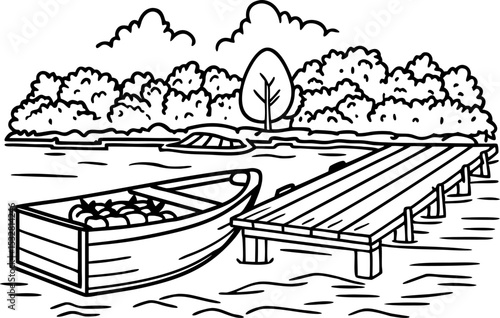 Wooden rowboat docked at pier over calm lake tranquil nature scene with trees, clouds, and wooden jetty