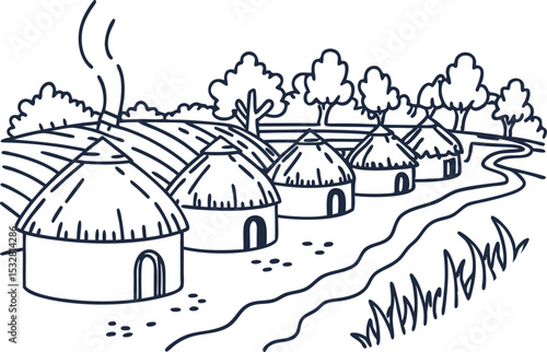 Traditional round huts village with thatched roofs, rural landscape, trees, and winding path illustration