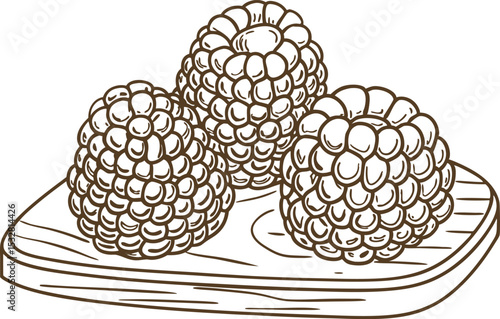 Three ripe raspberries sketch on wooden cutting board hand drawn detailed fruit illustration for recipes, food nutrition, summer harvest