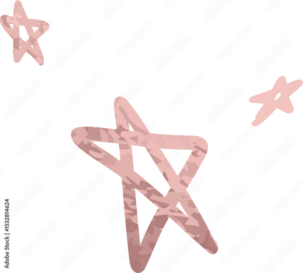 Fototapeta premium Three hand-drawn pink camouflage stars floating on transparent backdrop, showing low-poly doodle