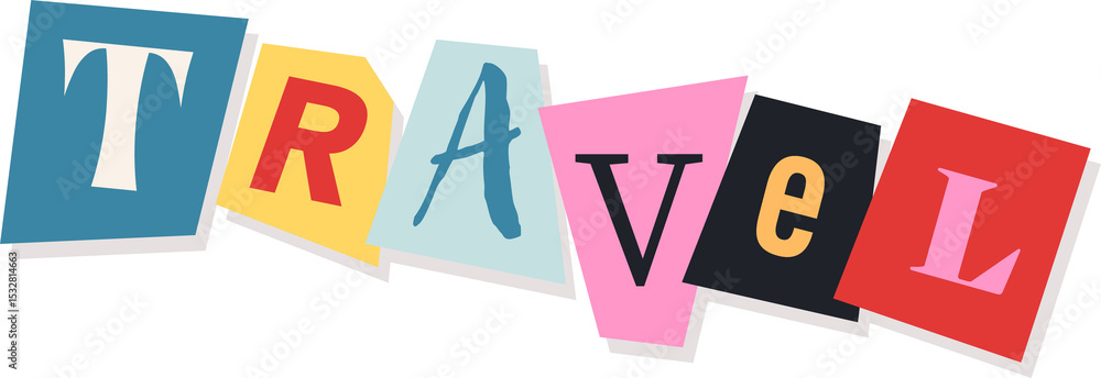 Travel letters are floating on geometric collage shapes in flat design, transparent background Travel letters are floating on geometric collage shapes in flat design, transparent background