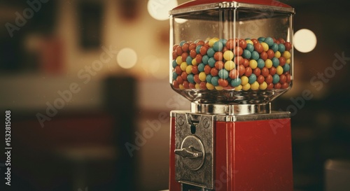 A vintage gumball machine filled with colorful gumballs sits in a retro diner setting