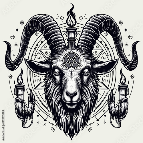 Mysterious ram head with pentagram and candles, dark mystical art, black and white illustration
