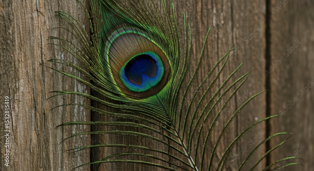 Obraz premium Vibrant peacock feather against rustic wooden backdrop. Eye-catching detail and texture