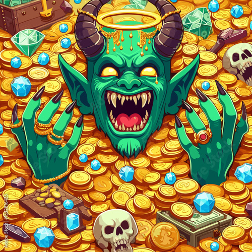 Gremlin surrounded by treasures, golden coins, gems, and skulls, playful fantasy art
