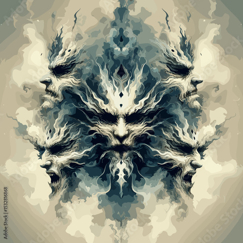 Surreal mystical faces expressing emotions with abstract smoky patterns in a dreamlike setting