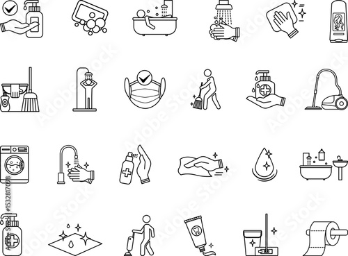 Hygiene Icon Set. Vector Illustrations Cleanliness, Disinfection, Cleaning, Soap, Sweeping, Mop, Bathing, Vacuum Cleaner, Sanitation, Hand Washing, Toilet Paper, Antiseptic, and More