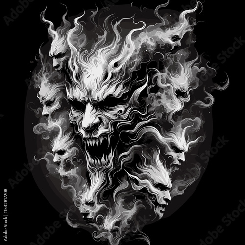 Eerie spectral faces and a fierce monster surrounded by swirling white smoke on a dark background