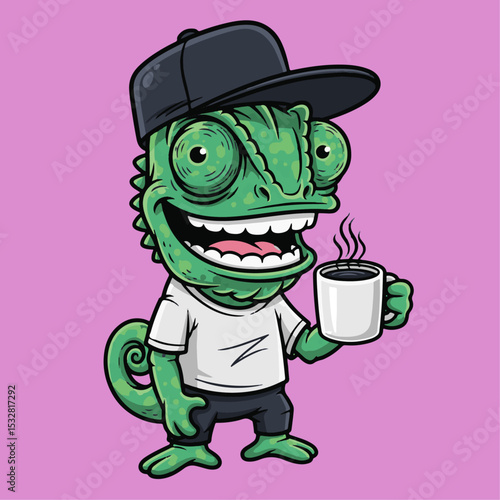 Cartoon Chameleon Wearing Cap Holding Coffee Mug Bright Colorful Scene