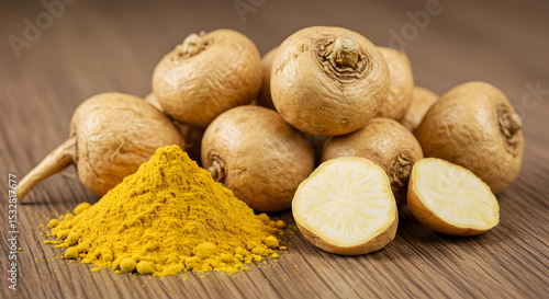 Sliced maca roots with yellow powder on wooden table