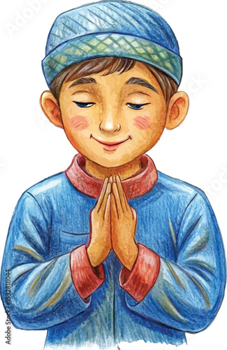 Prayer of Gratitude: A young individual, adorned in traditional attire, closes his eyes in prayer, embodying a serene moment of reflection and devotion.