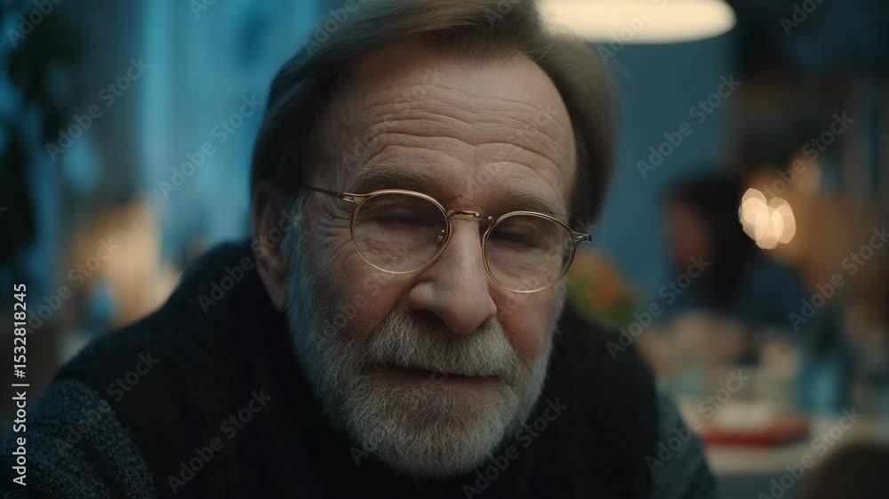 close up face senior old Caucasian man wearing glasses at home his family having dinner as background close up face senior old Caucasian man wearing glasses at home his family having dinner as background