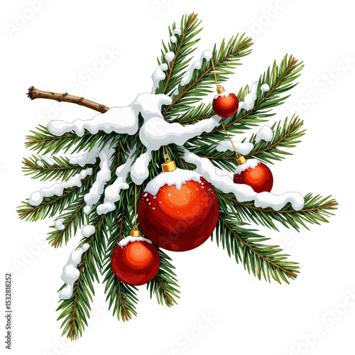 Christmas tree branch with red ornaments and snow decoration  