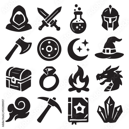 Fantasy Game Icons A Collection of Black Silhouettes.