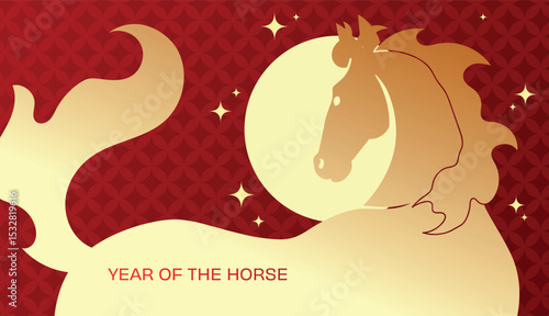 Golden zodiac horse on red background. Chinese new year 2026 banner illustration. Zodiac horse profile head.