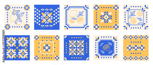Set Italian Mediterranean ornaments and tiles with lemon and floral motifs in yellow and blue. Vector ceramic tile collection featuring citrus fruit, geometric elements, and decorative floral pattern.
