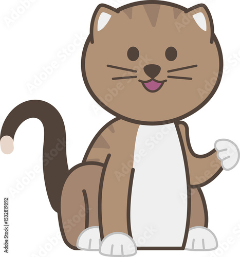 Fototapeta Naklejka Na Ścianę i Meble -  Cartoon cat is sitting upright on transparent background, displaying striped fur and pink tongue