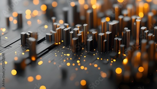 Abstract city composed of geometric shapes with warm lighting.