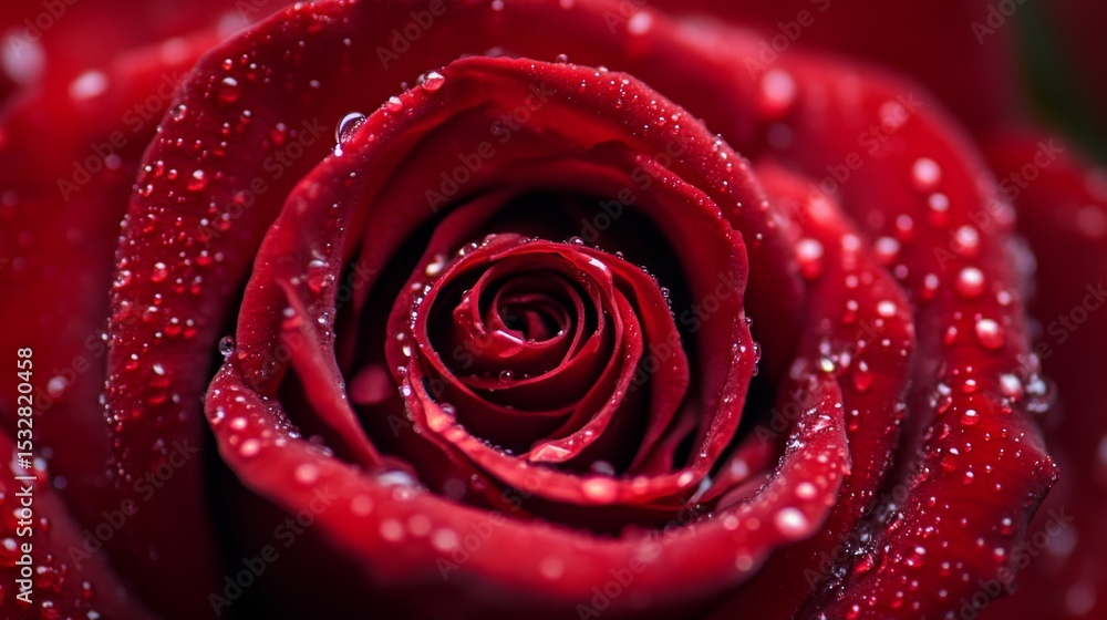 Naklejka premium A macro shot capturing the spiral center of a red rose, with water droplets glistening on the tightly curled petals, symbolizing passion and beauty.