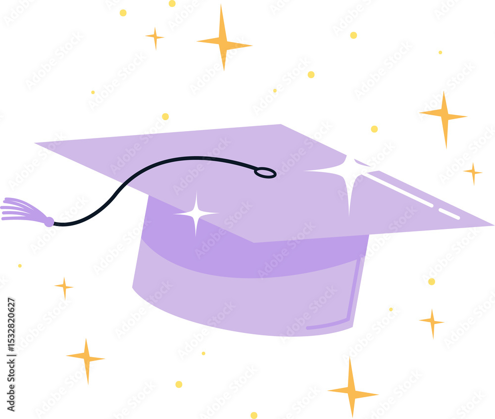 Fototapeta premium Floating purple tasseled mortarboard on flat transparent scene shining gold-white stars, copy space