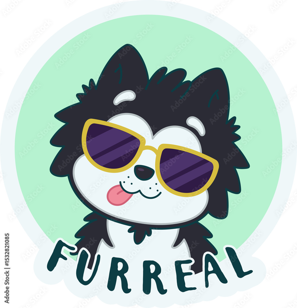 Fototapeta premium Flat husky yellow shades showing tongue on mint circle stylized FURREAL text on clear background