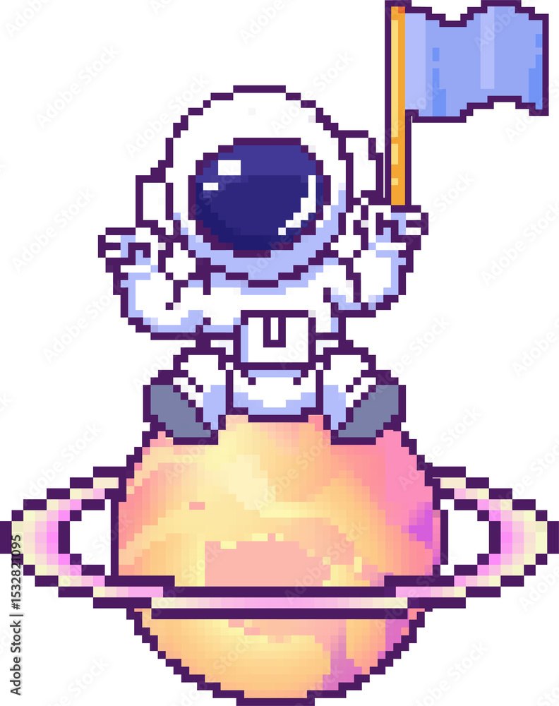 Naklejka premium Pixel art astronaut sitting on purple-ringed planet waving blue flag against transparent backdrop