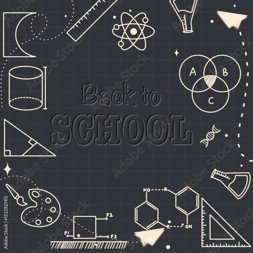 back to school graffiti text 3d inner shadow with grid background and science elements. dark color