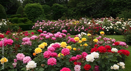 Mixed roses different colors landscaped flower bed rose garden variety blooming together