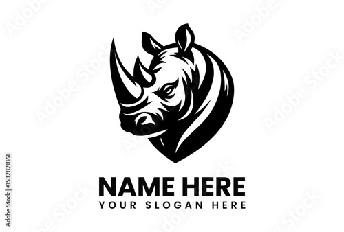 Powerful black silhouette of a rhinoceros with a prominent horn, symbolizing strength and wildlife conservation. Animal concept