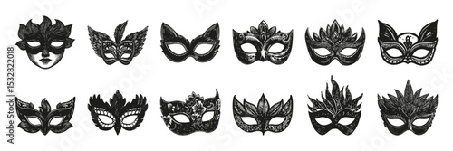 Decorative Mask Silhouettes In Icon Set. Carnival And Masquerade Theme Collection. Festive And Artistic Use. Isolated Vector Illustration