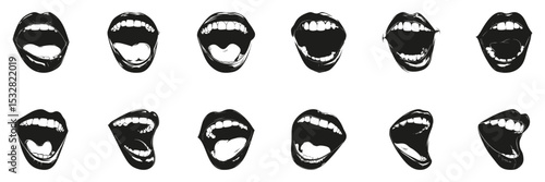 Open Mouth Expressions In Silhouette Set. Emotional Communication And Vocal Expression Symbol Collection. Artistic And Design Use. Isolated Vector Illustration