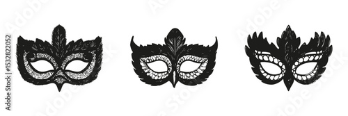 Feathered Masquerade Masks In Silhouette Set. Carnival And Costume Party Accessory Collection. Festive And Decorative Use. Isolated Vector Illustration