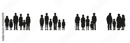 Family Group Silhouettes In Solid Icon Set. Generational Bonding And Social Connection Symbol Collection. Educational And Social Use. Isolated Vector Illustration