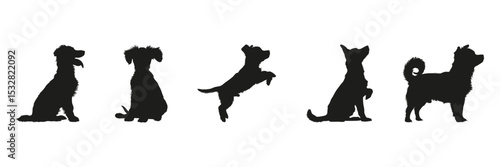 Dog Silhouettes In Solid Icon Set. Pet Behavior And Canine Activity Symbol Collection. Animal And Educational Use. Isolated Vector Illustration