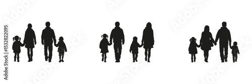 Family Walking Silhouette Set. Parenting, Childhood, And Togetherness Symbol Collection. Social And Educational Use. Isolated Vector Illustration